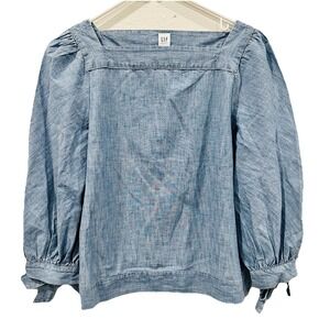 GAP Blue Chambray Puff Sleeve Square Neck Top Women's XS Cottage Country Boho‎